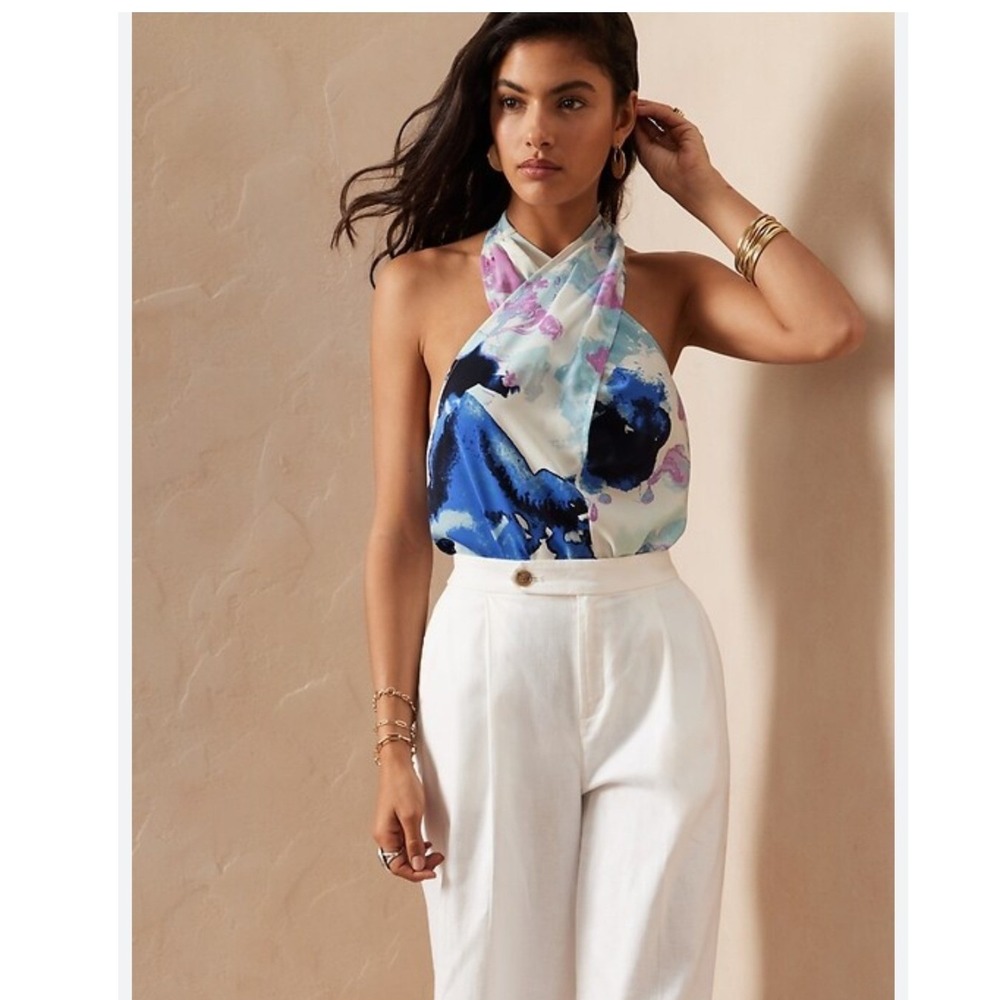 Banana Republic Watercolor Floral Halter Top Blue Purple Crossover Neck Chic S